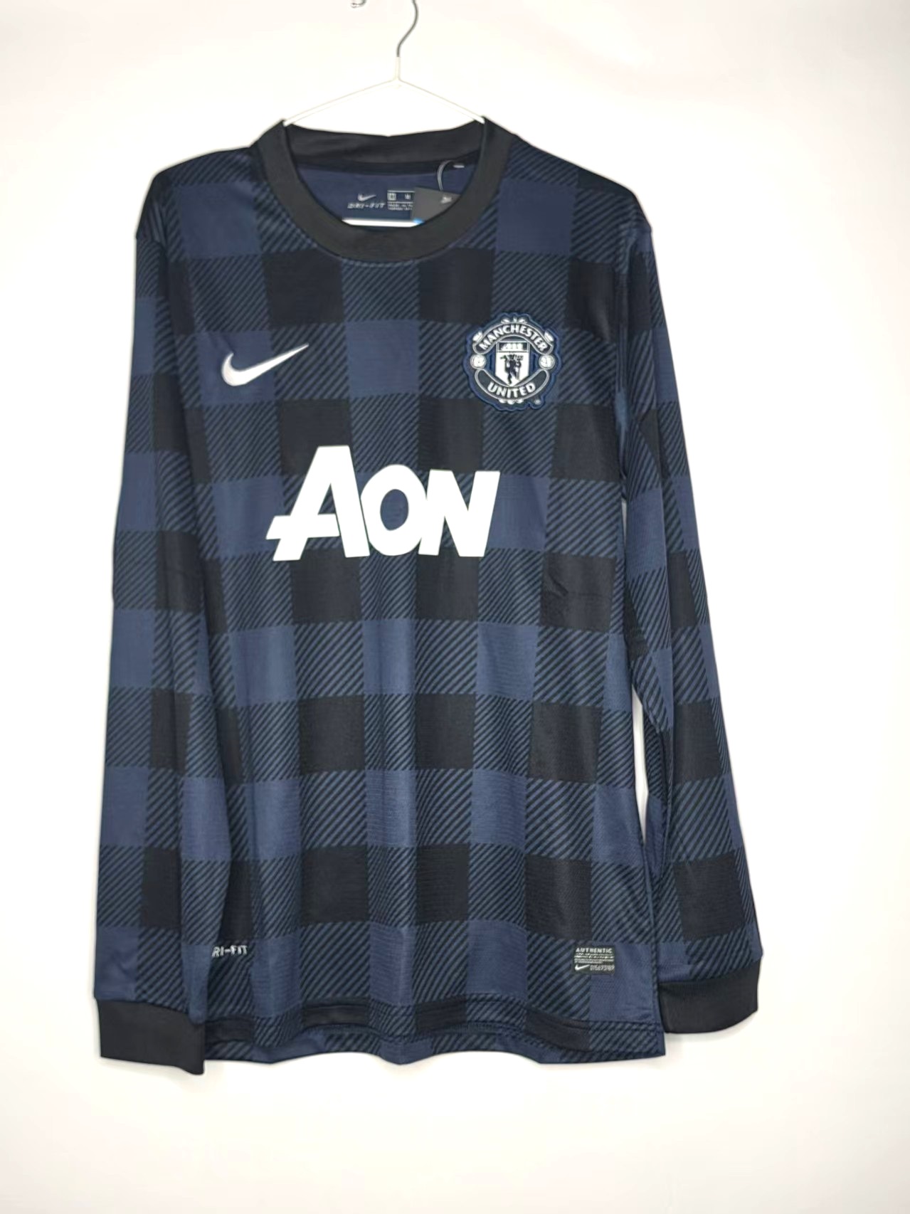 Manchester United 2013/14-Inspired Blue Check Long-Sleeve Retro Jersey front view